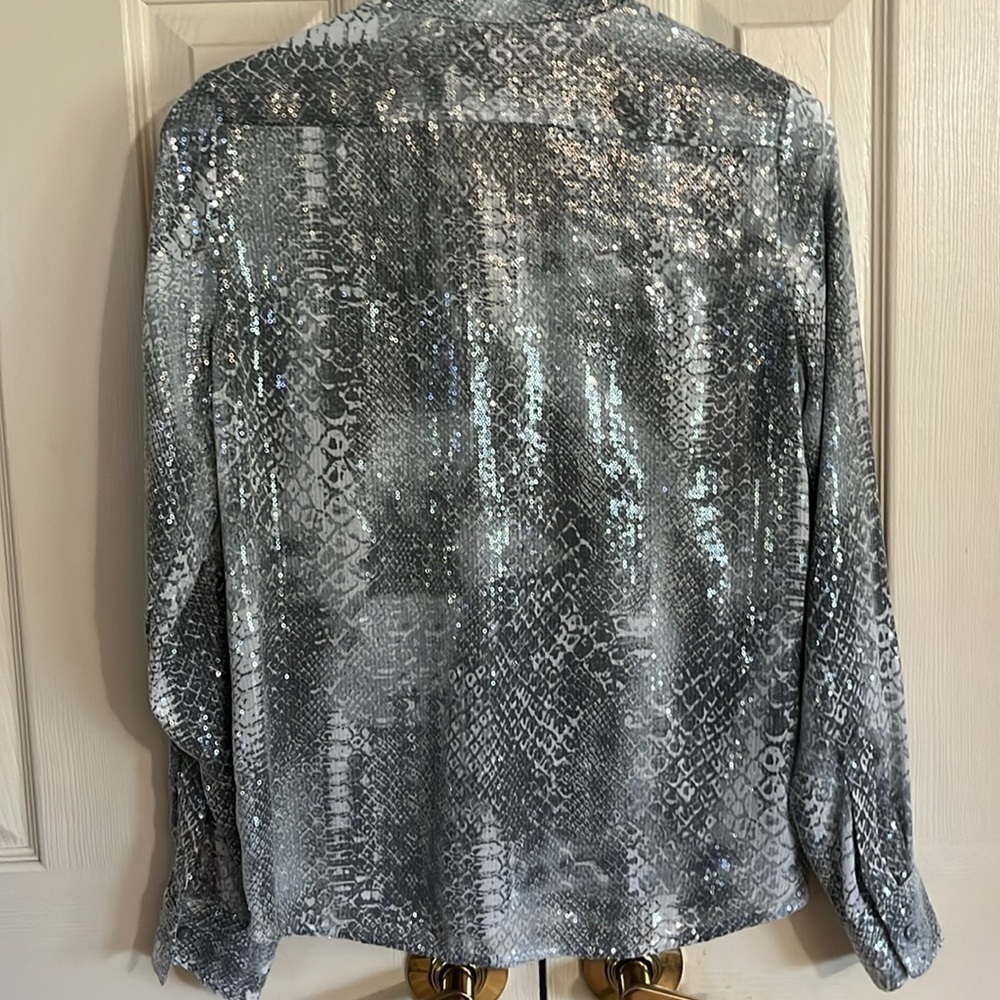 Calvin Klein Snake it Off Grey Snake Print Sheer Button-Up Top(322T) - Picture 3 of 6